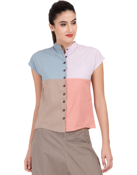 Blueberry Solid Patchwork Mandarin Top