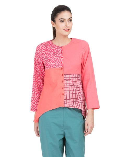 Pink Printed Patchwork Basic Office Shirt
