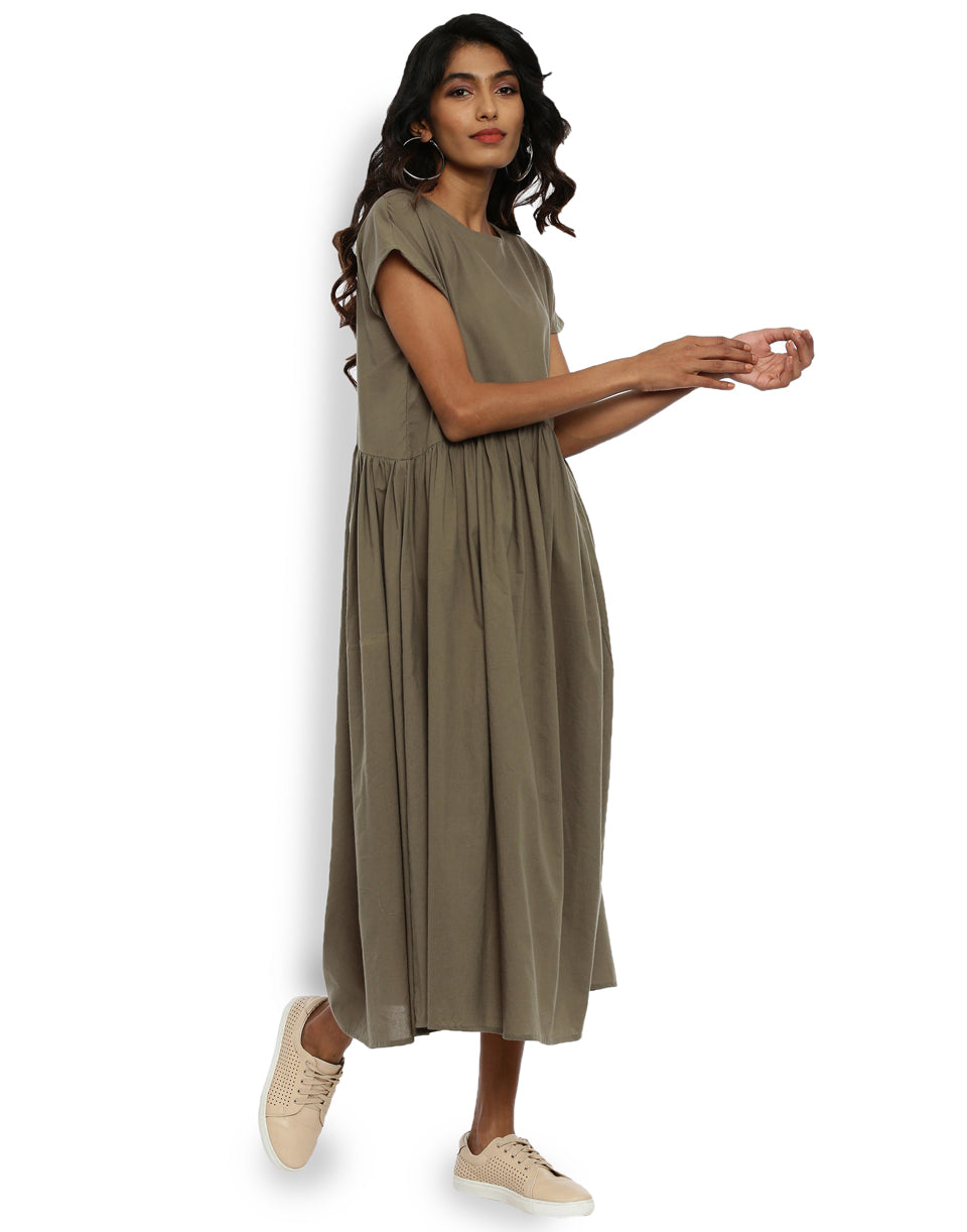 GRASS by Gitika Goyal Women Fit & Flare Khaki Solid Tunic Dress GRASS by Gitika Goyal Women Fit & Flare Khaki Solid Tunic Dress