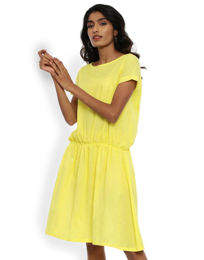 GRASS by Gitika Goyal Women Regular Lemon Yellow Solid Drop Waist Dress GRASS by Gitika Goyal Women Regular Lemon Yellow Solid Drop Waist Dress