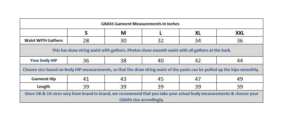 Narrow Pant Size Chart