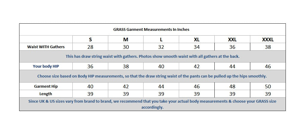 Cocoon Pant Size chart