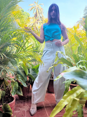 Ice Blue Pleated Khadi Jeans