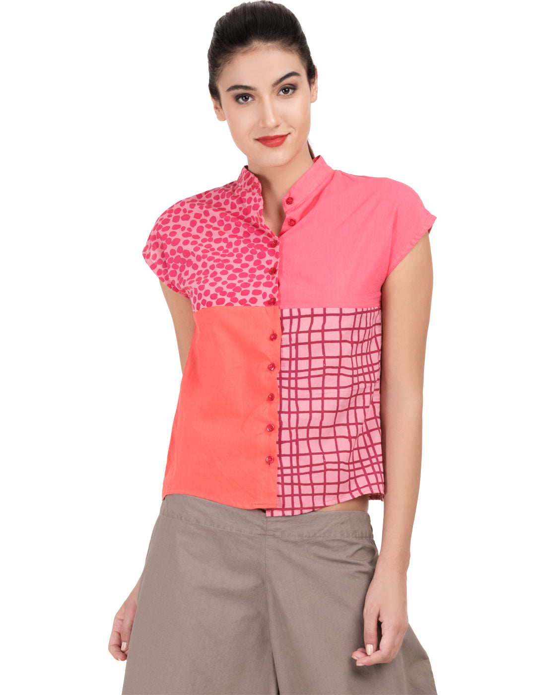 Pink Printed Patchwork Mandarin Top