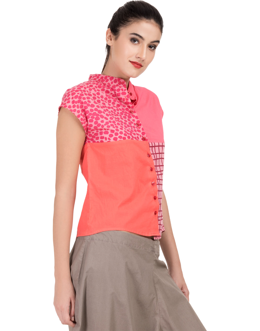 Pink Printed Patchwork Mandarin Top