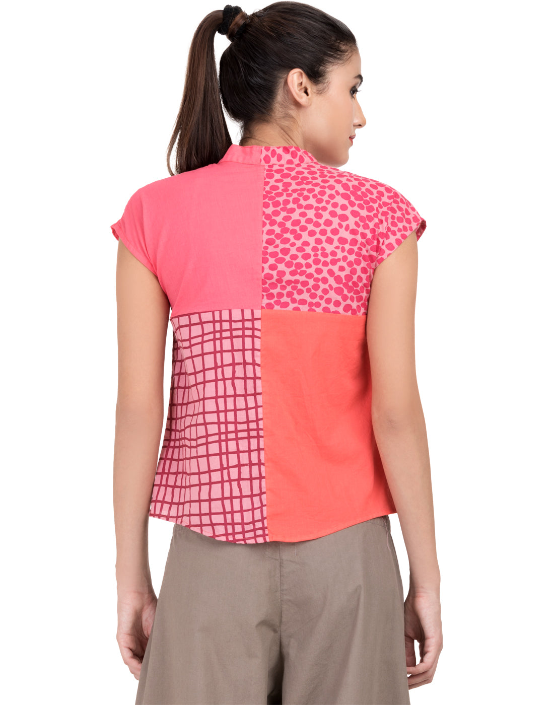 Pink Printed Patchwork Mandarin Top