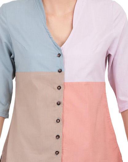 Blueberry Solid Patchwork Beaded Office Shirt