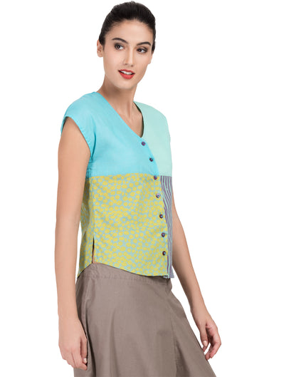 Blue Printed Patchwork Capped Top