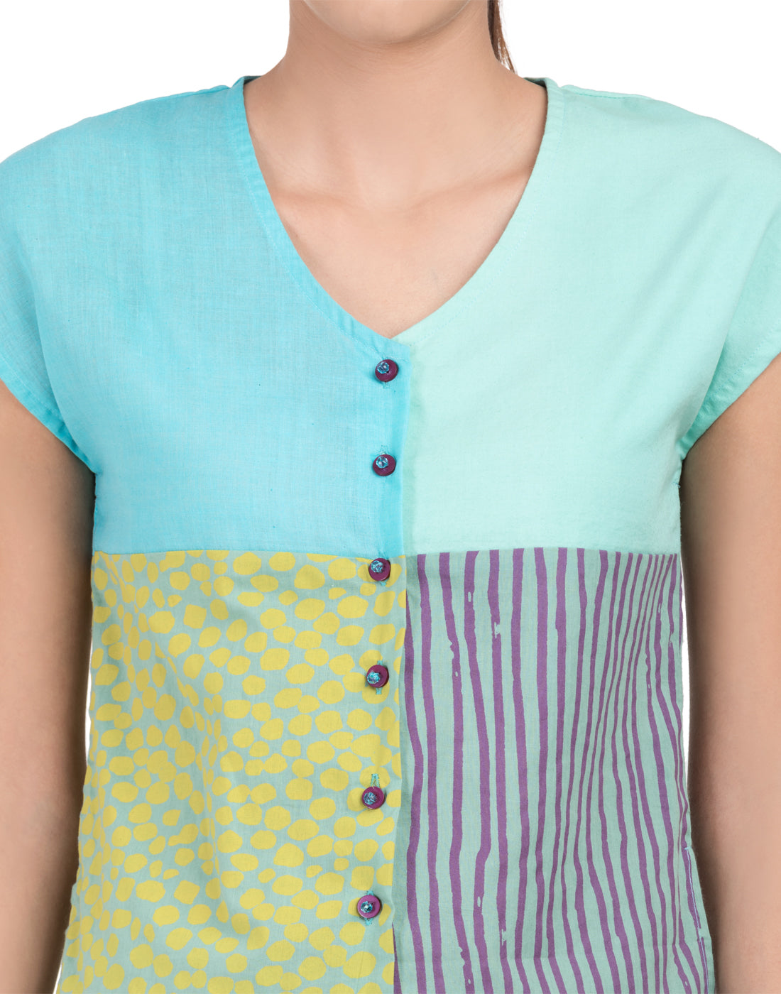 Blue Printed Patchwork Capped Top