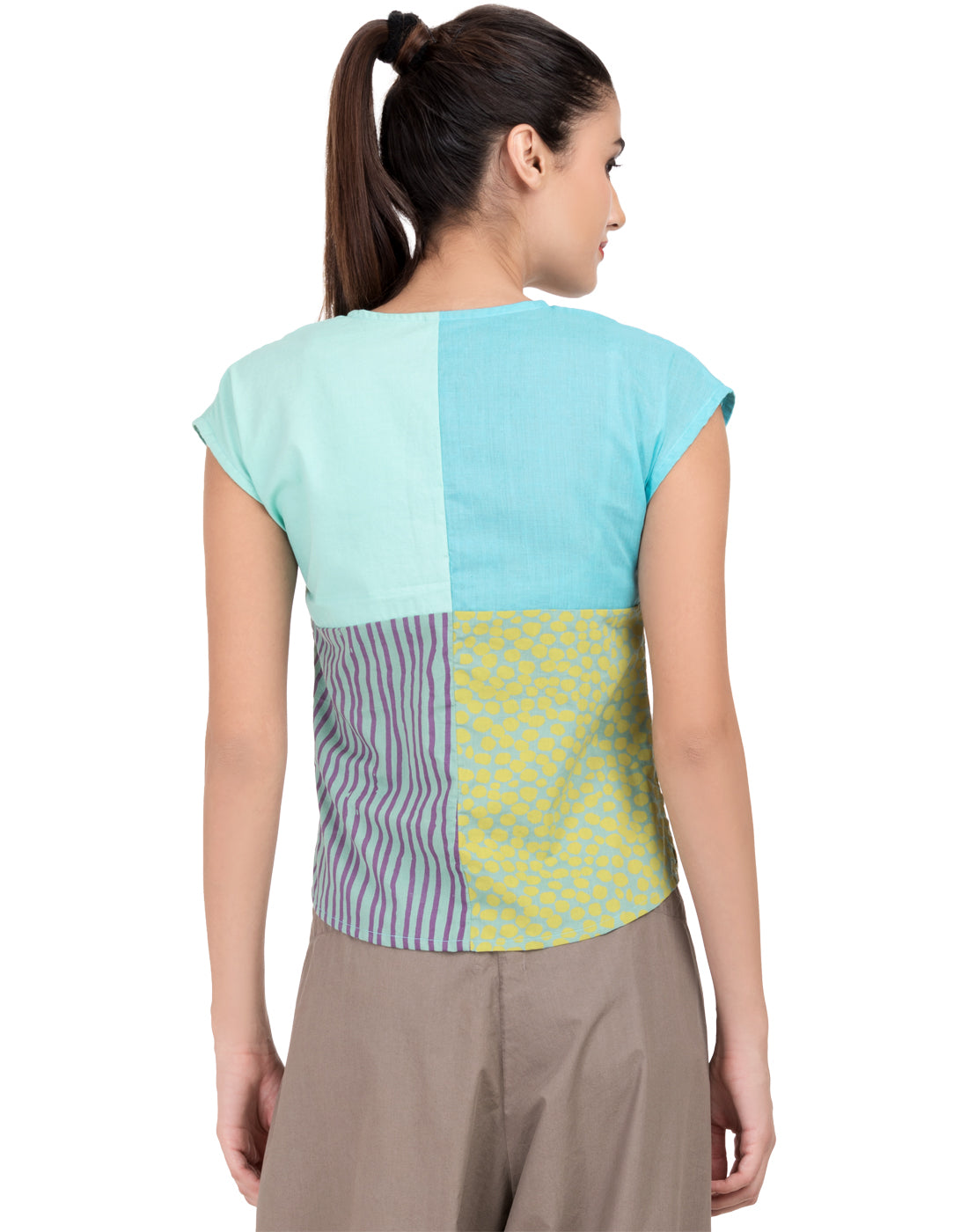 Blue Printed Patchwork Capped Top