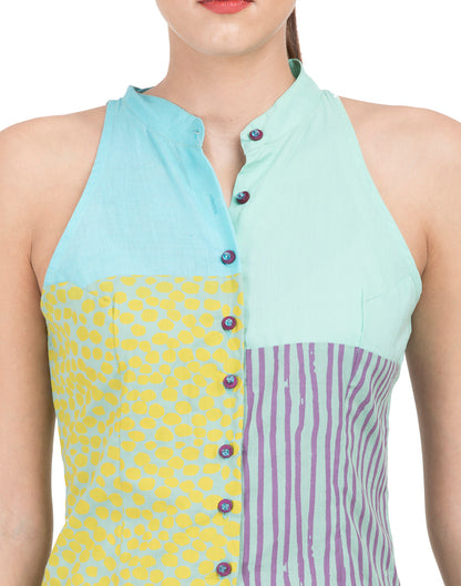 Blue Printed Patchwork Mandarin Halter Top