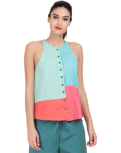 Blue Solid Patchwork Flared Halter Top