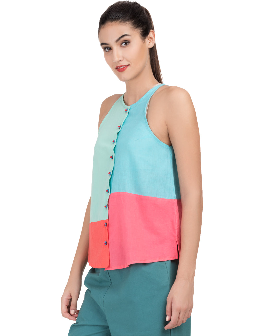 Blue Solid Patchwork Flared Halter Top