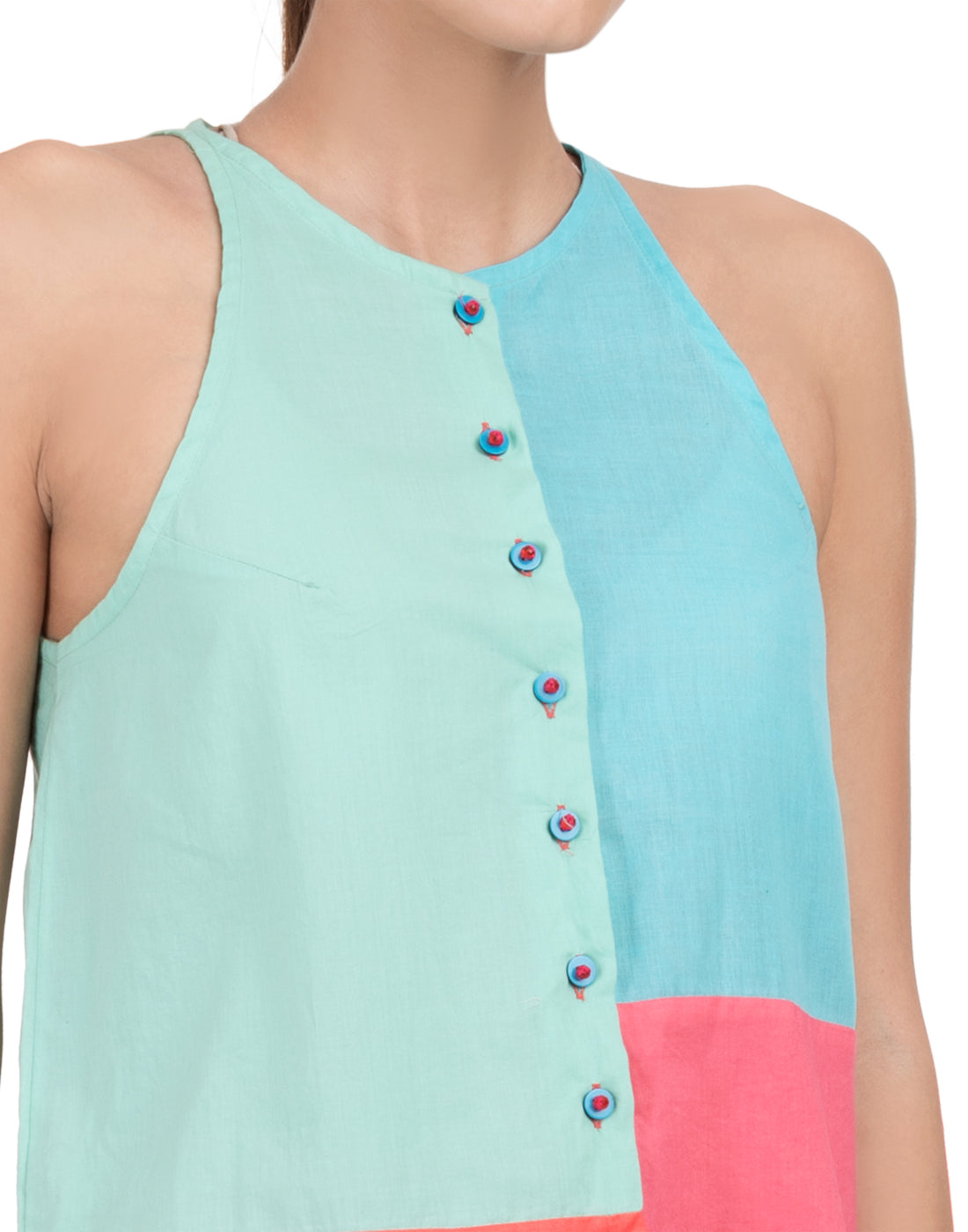 Blue Solid Patchwork Flared Halter Top