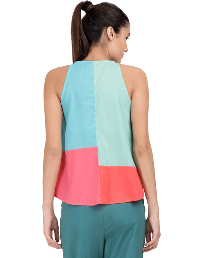 Blue Solid Patchwork Flared Halter Top