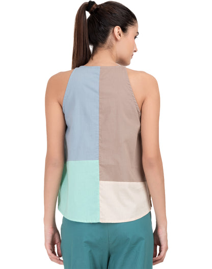 Naseberry Solid Patchwork Flared Halter Top