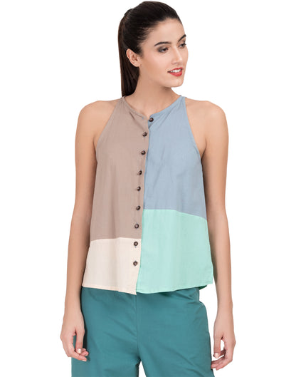 Naseberry Solid Patchwork Flared Halter Top