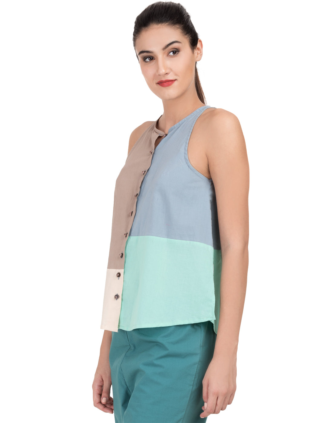 Naseberry Solid Patchwork Flared Halter Top