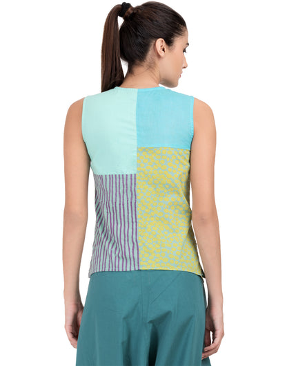 Blue Printed Patchwork Asymmetric Camisole