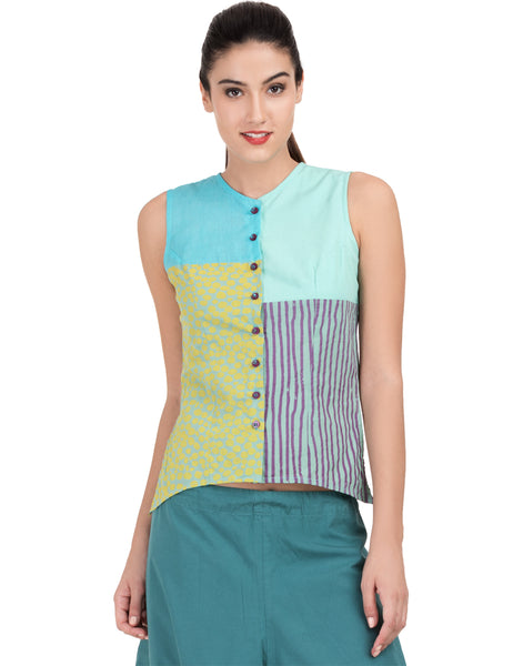 Blue Printed Patchwork Asymmetric Camisole