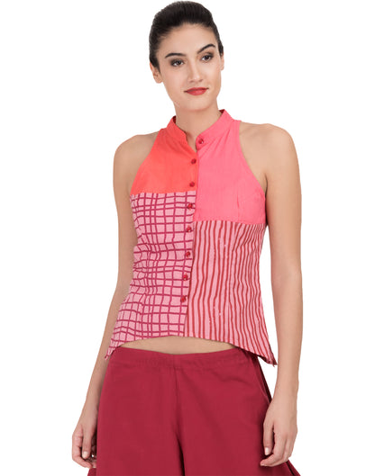 Pink Printed Patchwork Mandarin Halter Top