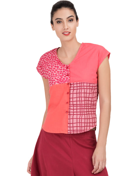 Pink Printed Patchwork Capped Top
