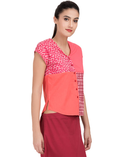 Pink Printed Patchwork Capped Top