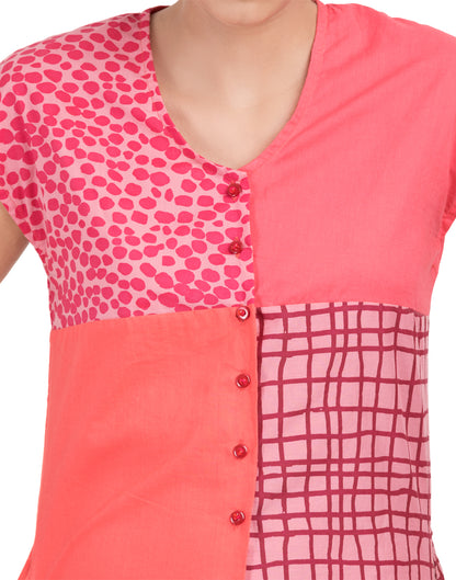 Pink Printed Patchwork Capped Top