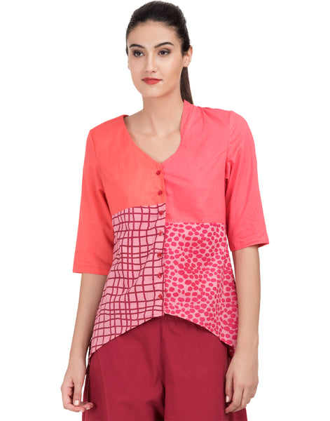 Pink Printed Patchwork Beaded Office Shirt