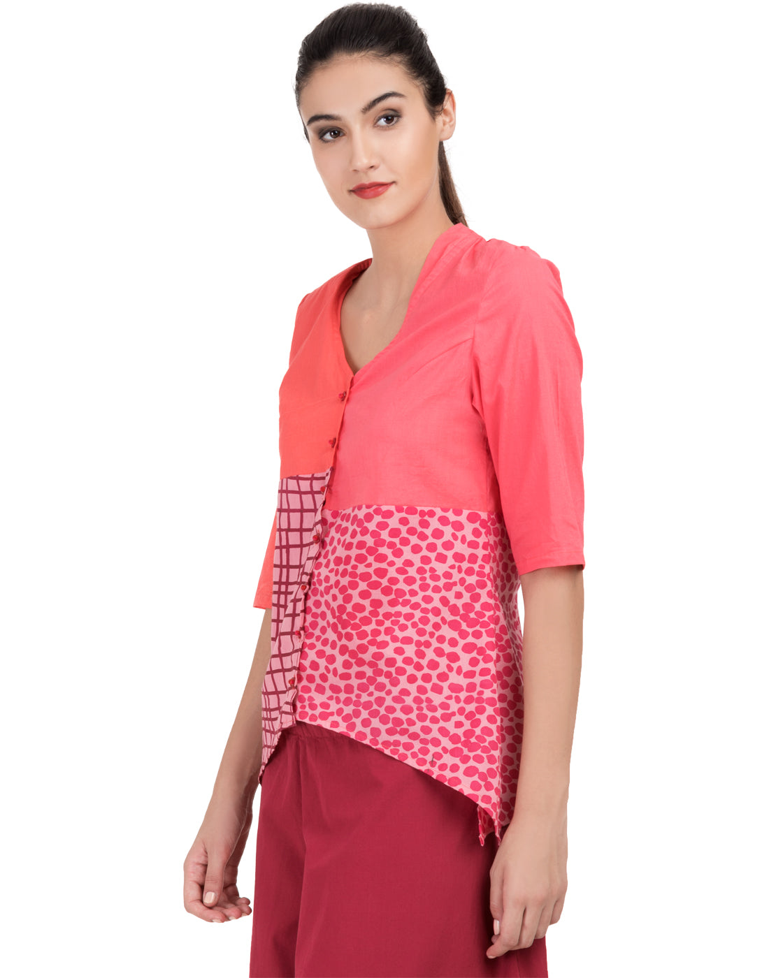 Pink Printed Patchwork Beaded Office Shirt