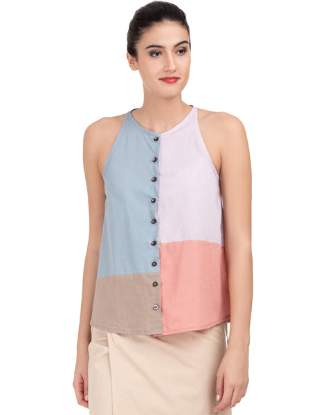 Blueberry Solid Patchwork Flared Halter Top