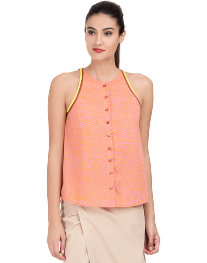 Orange Printed Flared Halter Top