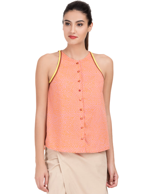 Orange Printed Flared Halter Top