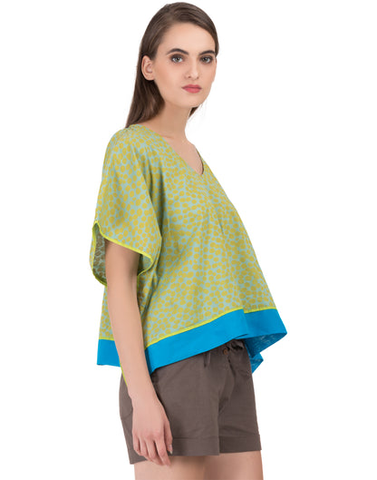 Green Hand Printed Pondicherry Poncho Kaftan