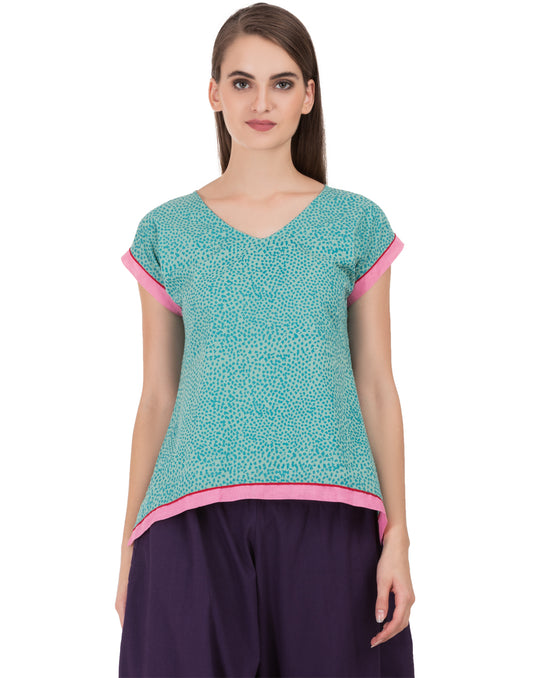 Green Hand Printed Howrah Asymmetric  Top