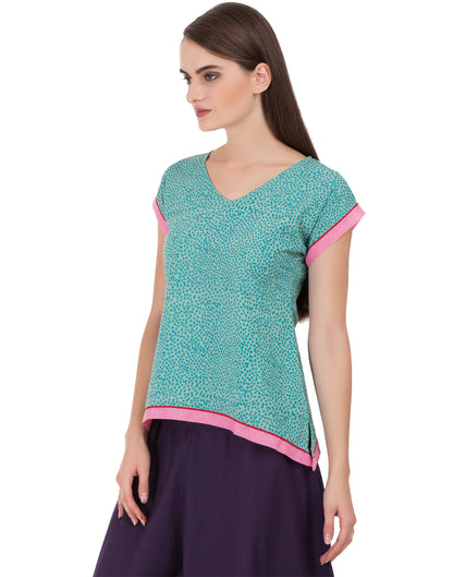 Green Hand Printed Howrah Asymmetric  Top