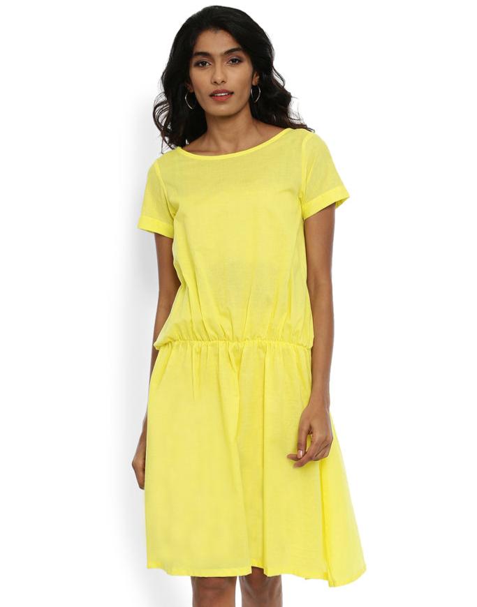GRASS by Gitika Goyal Women Regular Lemon Yellow Solid Drop Waist Dress