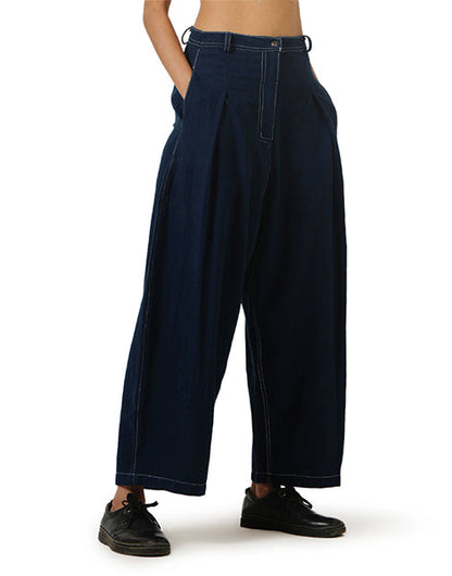 Dark Blue Pleated Khadi Jeans