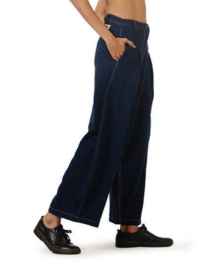 Dark Blue Pleated Khadi Jeans