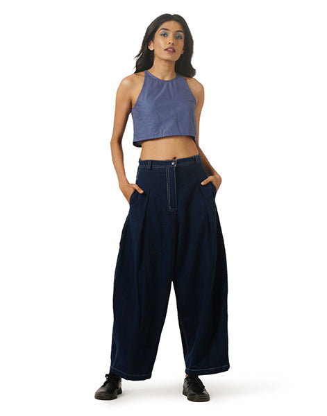 Dark Blue Pleated Khadi Jeans