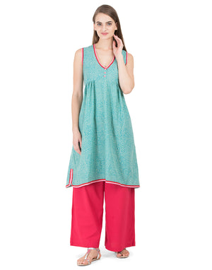 Green Hand Printed Mandvi Long Tunic
