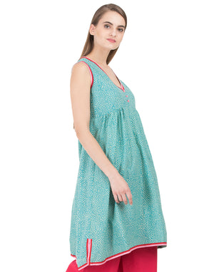 Green Hand Printed Mandvi Long Tunic