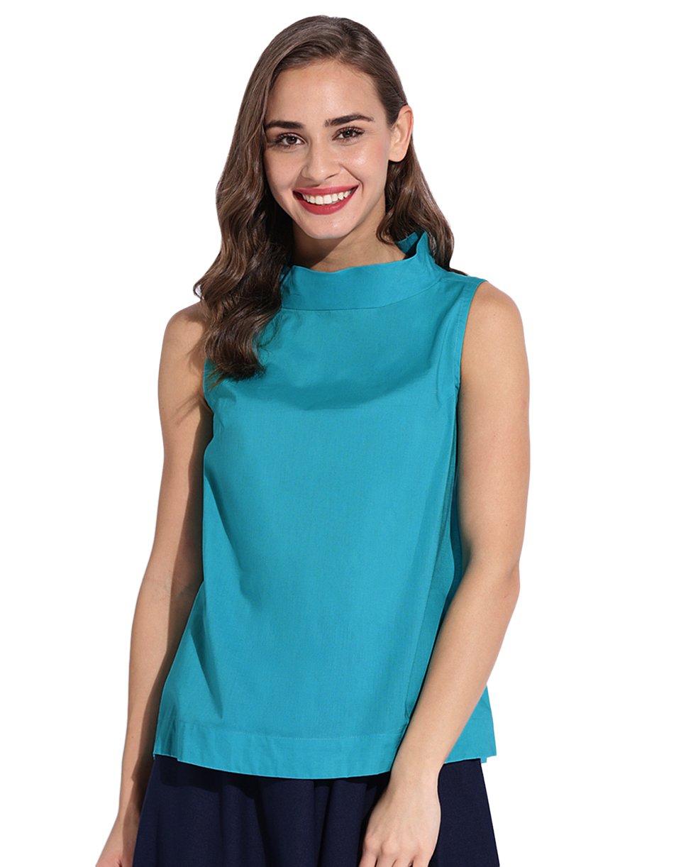 Turquoise High Neck Sleeveless Top