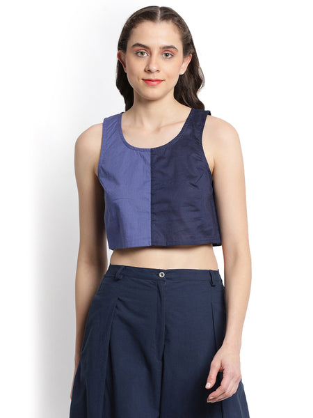 Blue Cropped Patchwork T-shirt