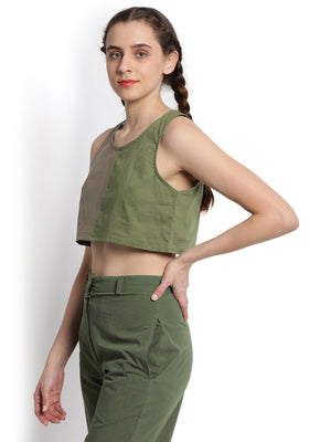 Khaki Cropped Patchwork T-shirt